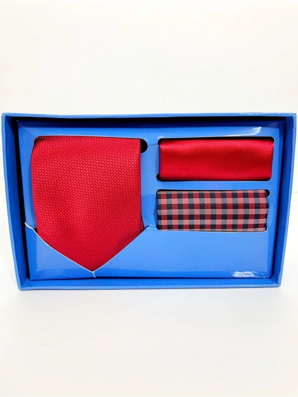 Isaac Mizrahi Red Tie with Matching Solid and Plaid Pocket Squares